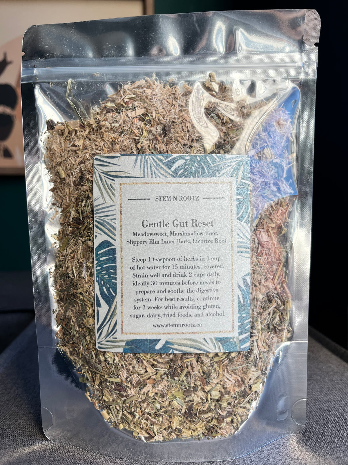 Gentle Gut Reset loose leaf herbal blend in resealable 3oz pouch