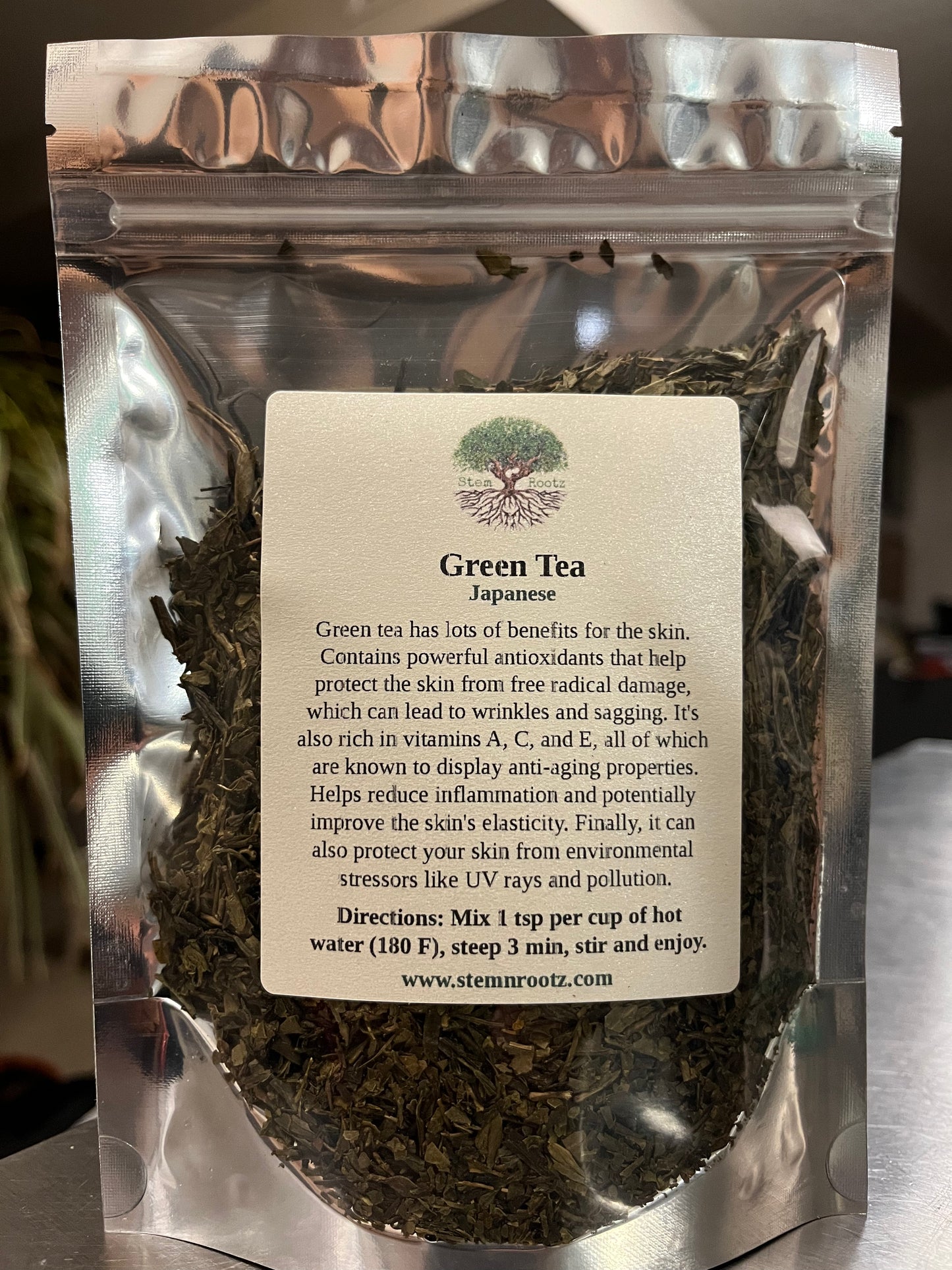 Stem n Rootz – Japanese Green loose leaf herbal tea in resealable 4oz pouch