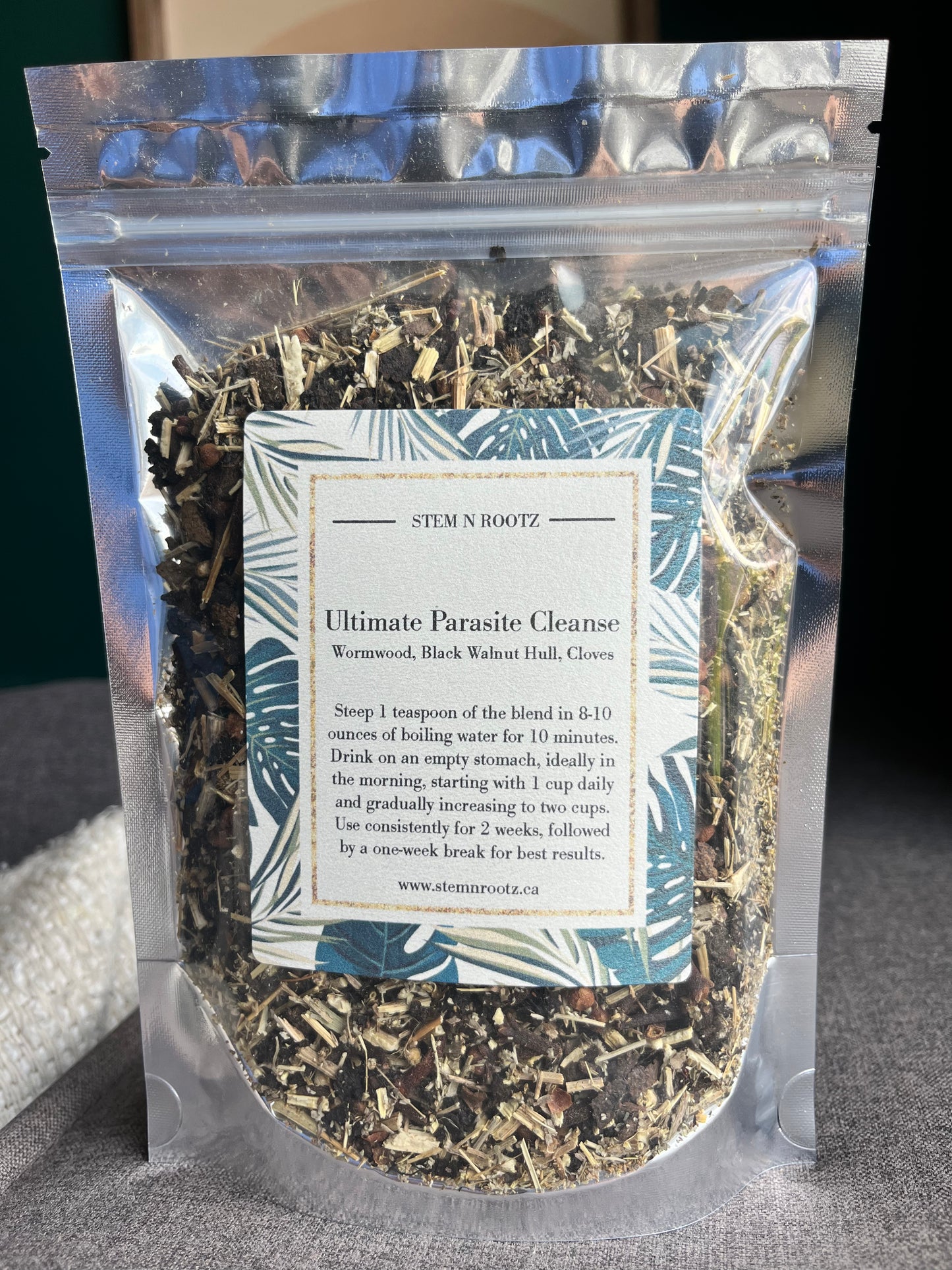 Ultimate parasite cleanse herbal tea blend with wormwood, black walnut halls, and cloves and reusable pouch
