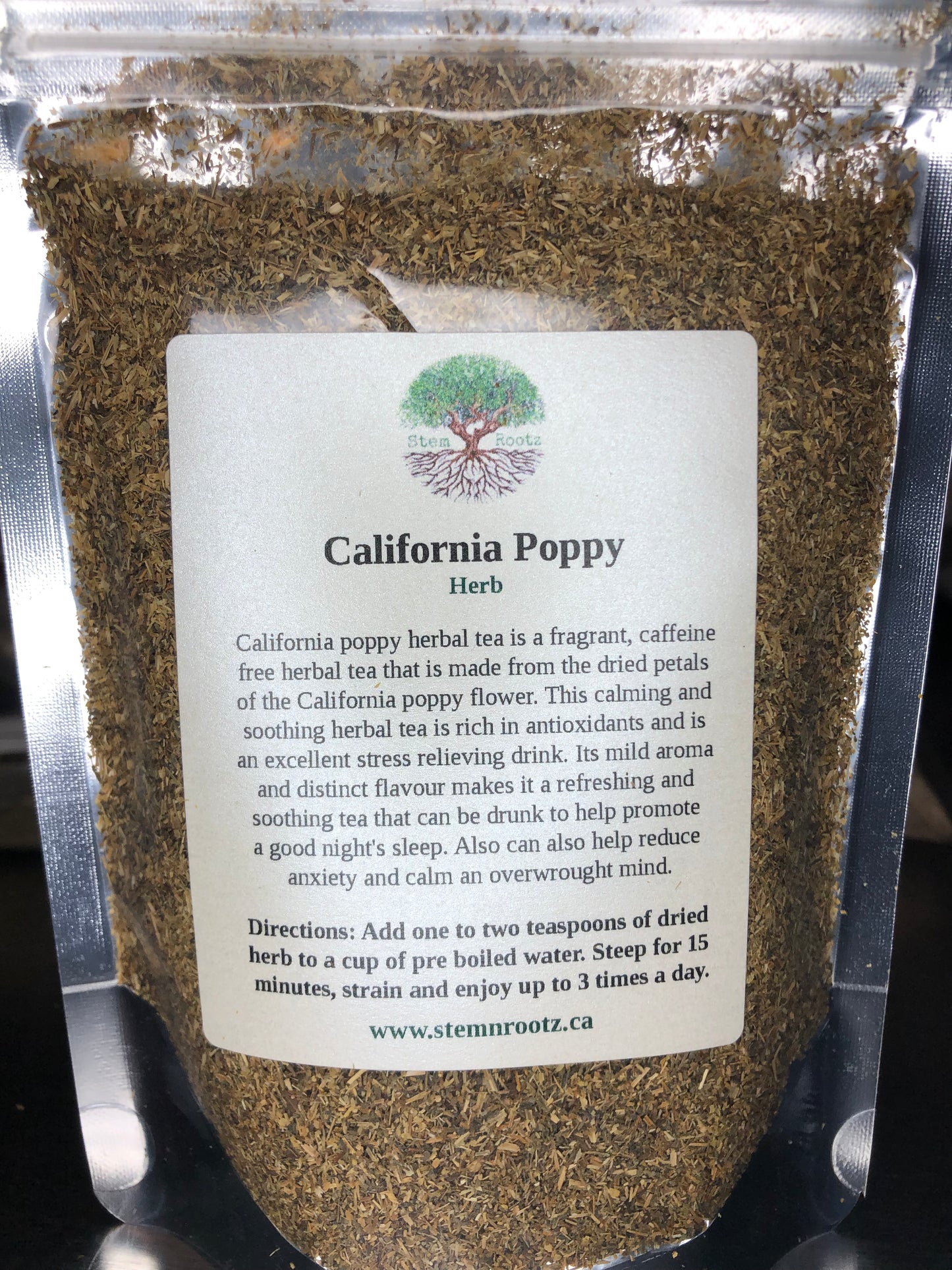 Stem n Rootz – California Poppy loose leaf herbal tea in resealable 4oz pouch