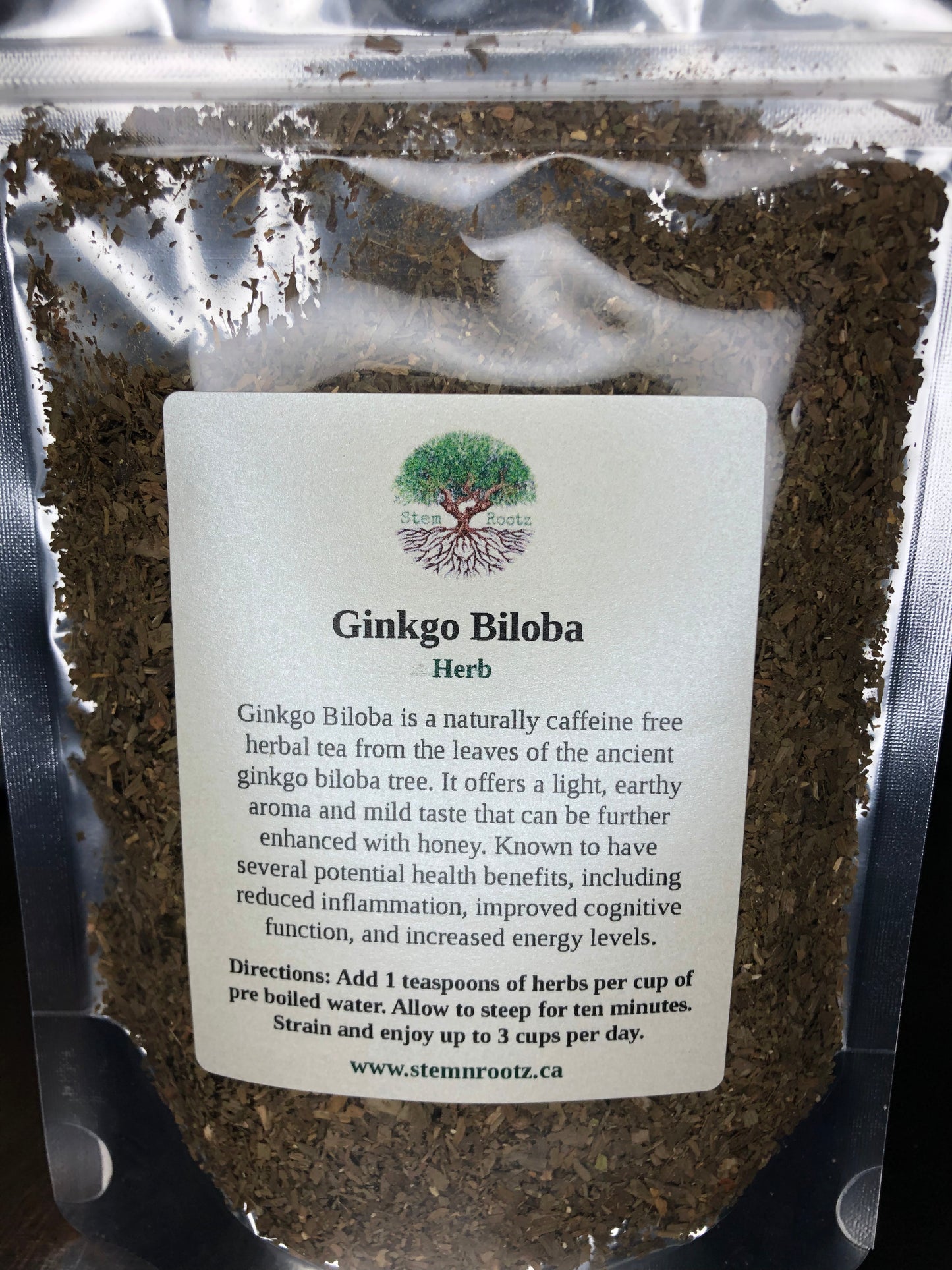 Ginkgo Biloba loose leaf herbal tea in resealable 2.5oz pouch