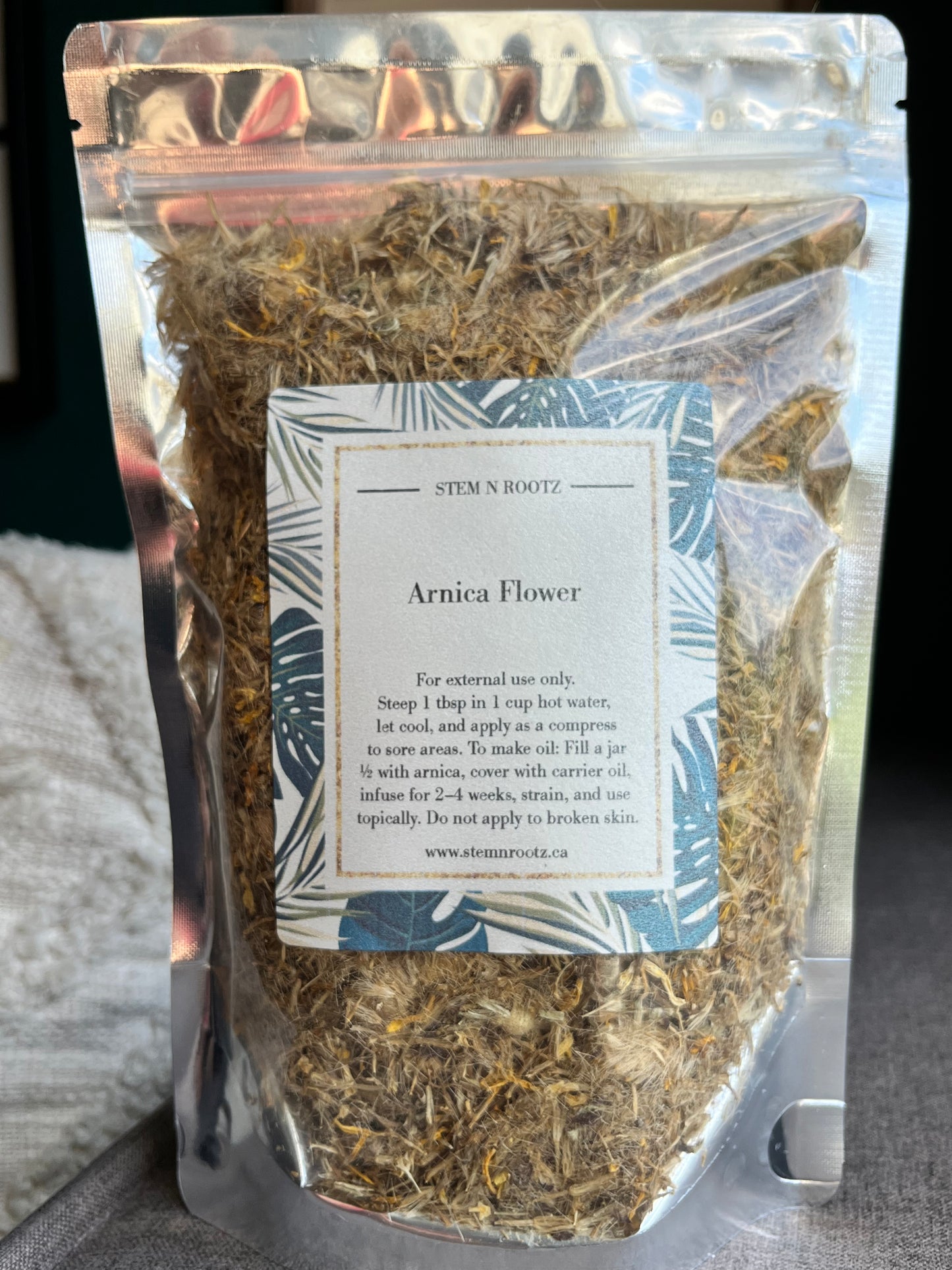 Arnica Flower loose leaf herbal tea in resealable 2oz pouch