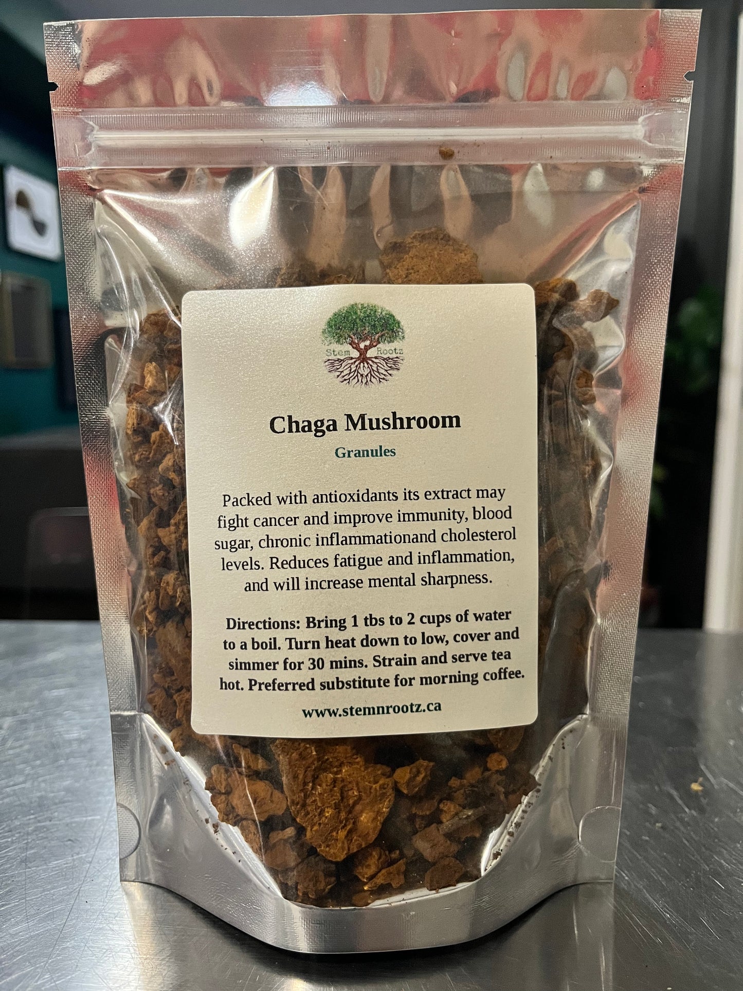 Chaga mushroom loose leaf herbal tea in resealable 3oz pouch