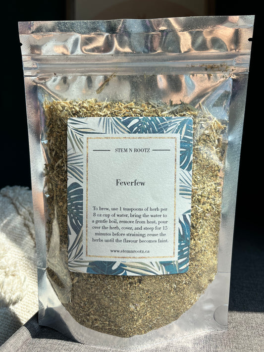 Feverfew loose leaf herbal tea in resealable 2oz pouch