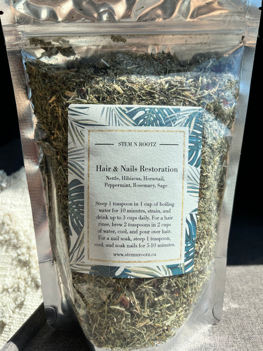 Hair and Nails Restoration loose leaf herbal tea in resealable 4oz pouch
