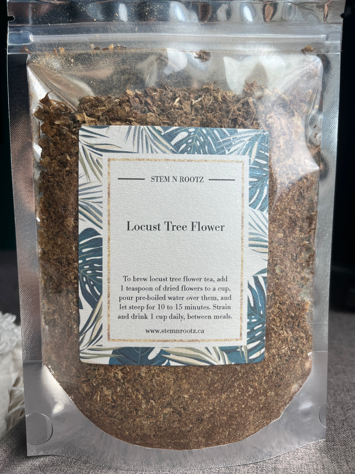 Stem n Rootz – Locust Tree Flower loose leaf herbal tea in resealable 2oz pouch
