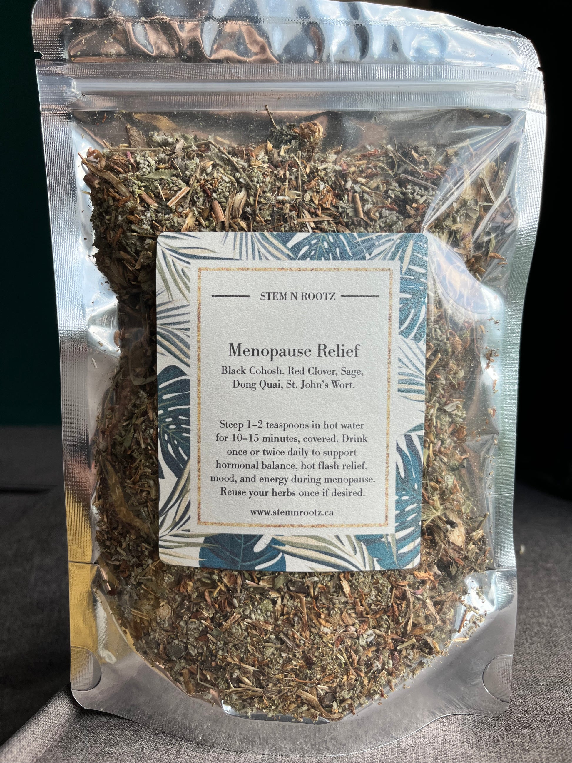 Stem n Rootz – Menopause Relief loose leaf herbal tea in resealable 3oz pouch