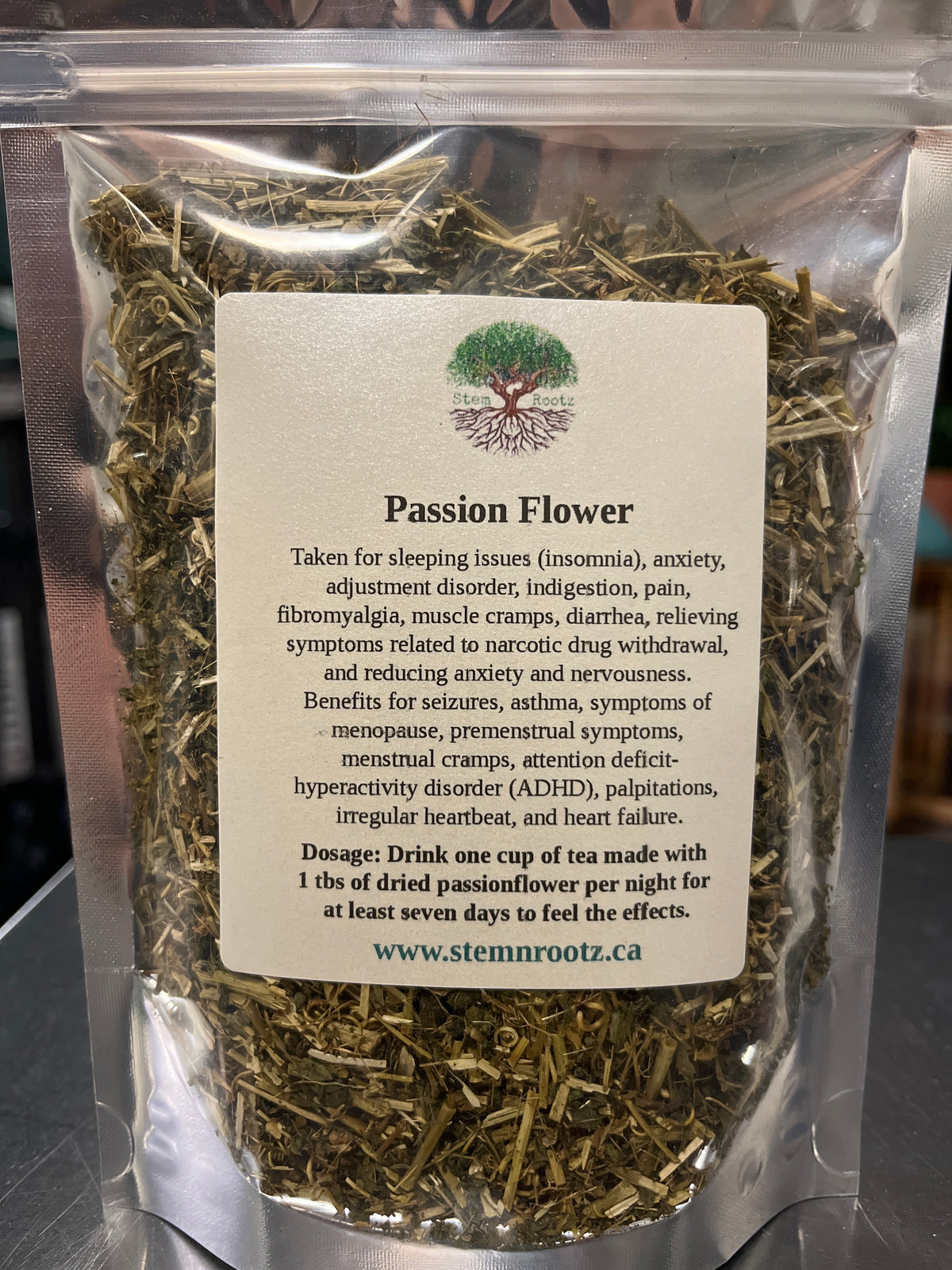 Stem n Rootz – Passion Flower loose leaf herbal tea in resealable 2oz pouch