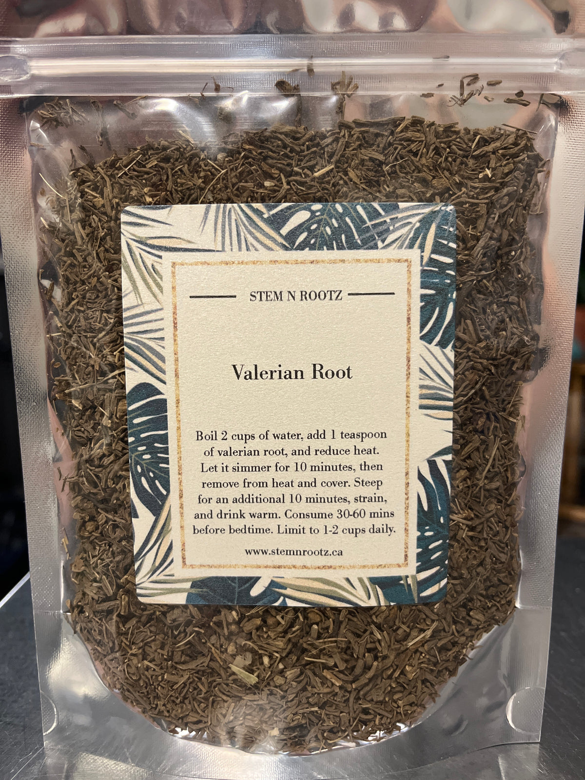 Valerian root loose leaf herbal tea in resealable 3oz pouch