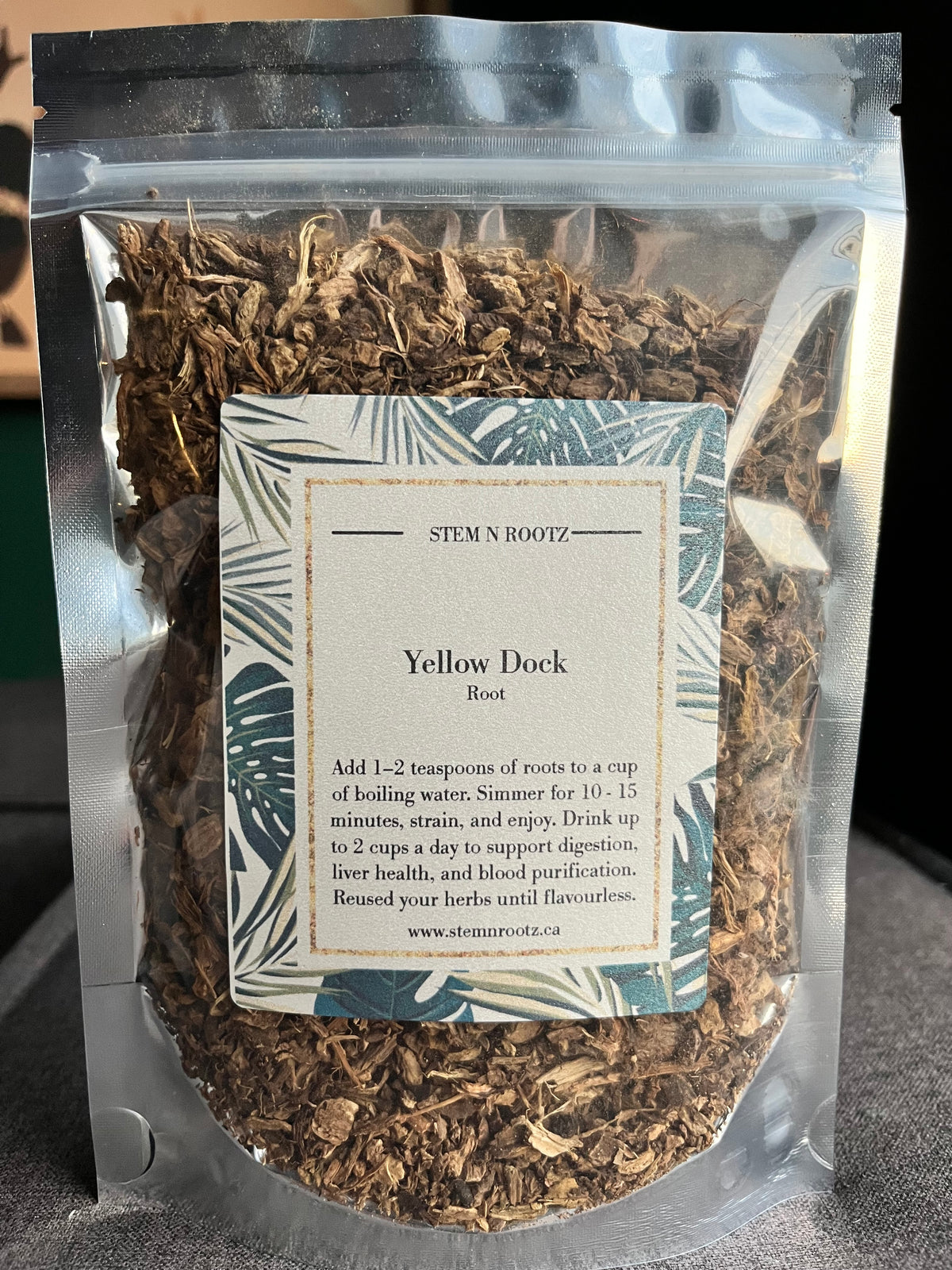 Yellow dock root loose leaf herbal tea in resealable 4oz pouch