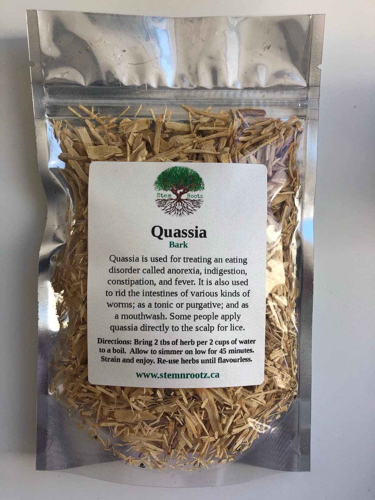 Quassia bark loose leaf herbal tea in resealable 2.5oz pouch